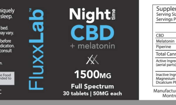 CBD with Melatonin Night Time. Side Label