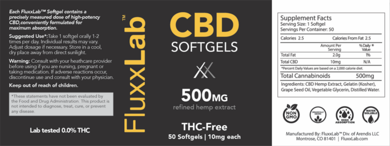 THC-free 500mg 50 softgel 10mg Side Label
